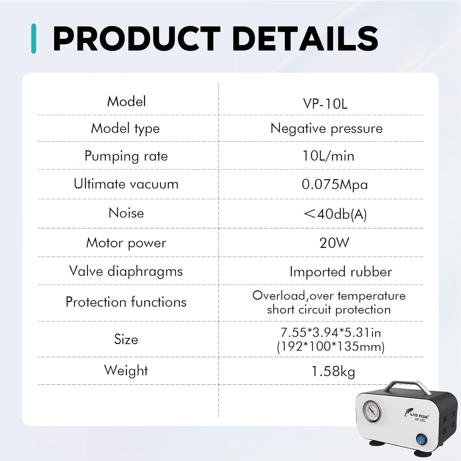 LAB FISH Lab Vacuum Pump 10L/min Portable Oilless Diaphragm Vacuum Filtration & Rubber Tube