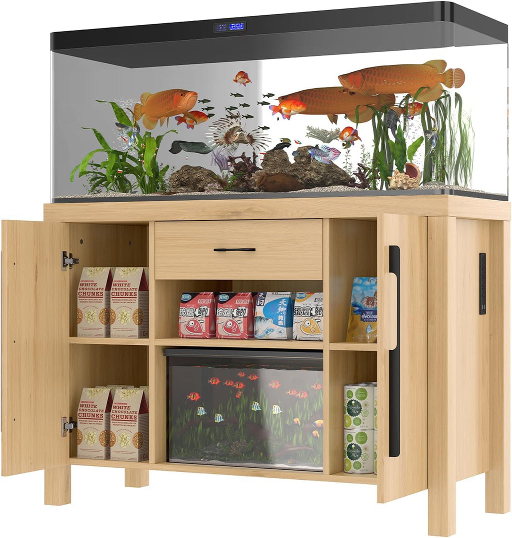 55–75 Gallon Fish Tank Stand with Cabinet Storage and Power Outlets (4 AC 2 USB), Natural Wood Aquarium Cabinet with Drawer & Shelves, MDF + Pine Frame, 880LBS Capacity