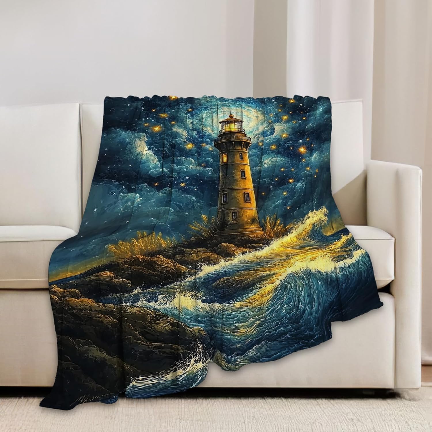 Lighthouse Blanket Coastal Lighthouse Starry Night Throw Blankets Gifts for Girls Boys Kids Soft Cozy Fleece Plush for Couch Sofa Bed 80"x60"