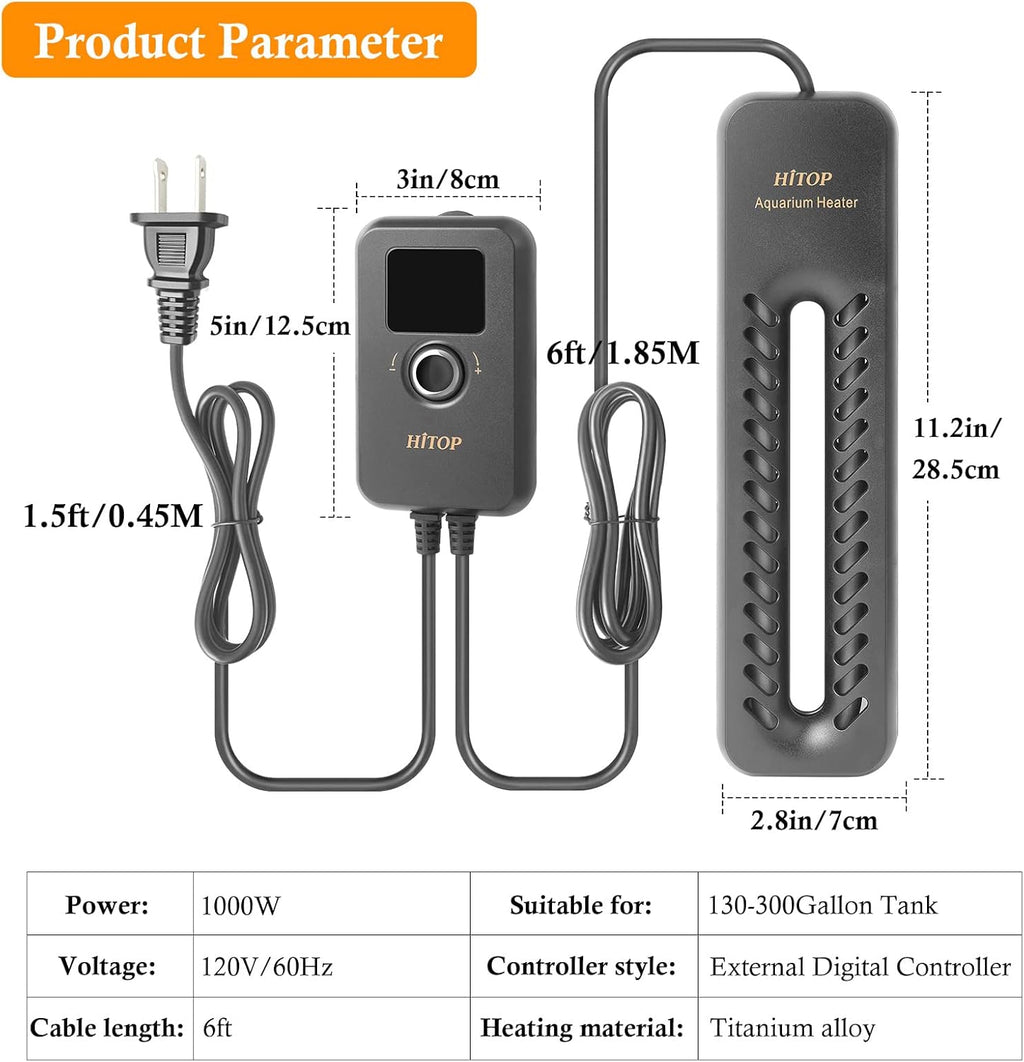 HITOP 1000W Digital Aquarium Heater: Titanium Fish Tank Heater with Temperature Control Device, Submersible Heater for Freshwater/seawater up to 300 Gallon