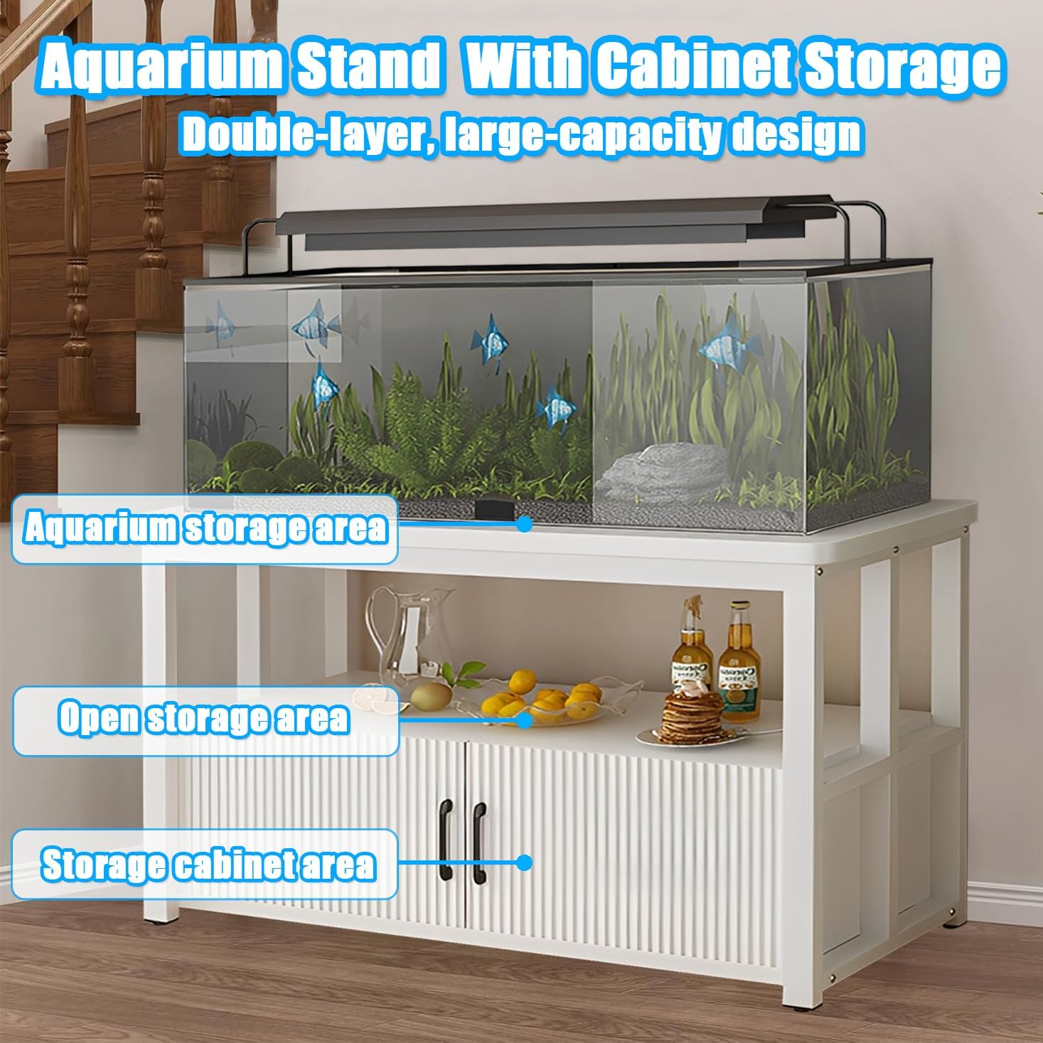 5-75 Gallon Aquarium Stands, 3 Tier Metal Frame Fish Tank Stand with Cabinet Storage, Reptile Tank Stand for Home Living Room Bedroom Office, 2200LBS Capacity (white+white, L27.6″*W15.7″*H23.6″)