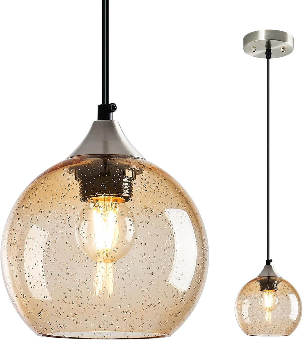 Light Brown Glass Pendant Lights Kitchen Island Globe Pendant Light Fixtures Modern Pendant Lighting for Bedroom Living Dining Room Light Fixture (5.9 in, 1 Pack)