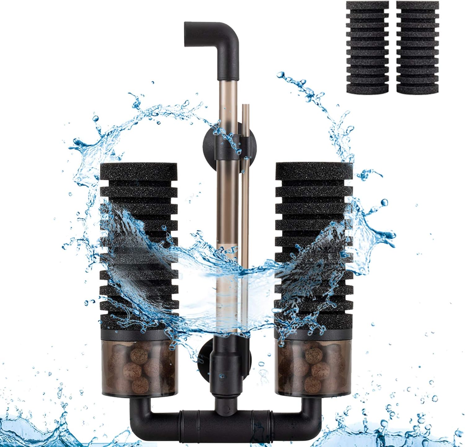 hygger Sponge Filter, Aquarium Filter Double Sponge Replaceable Media with 4 Biochemical Sponges and 1 Bag of Filtered Ceramic Balls Ultra Quiet Filter Fish Tank (S/M)