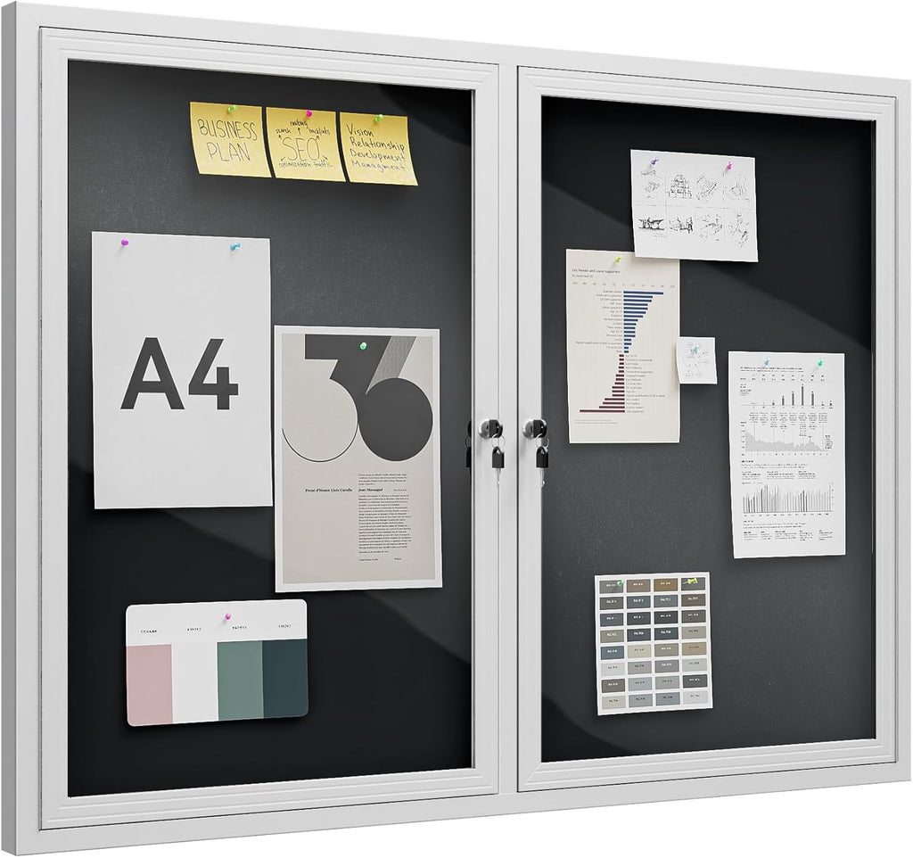 48"x36" Lockable Enclosed Bulletin Board, Outdoor Flet Weather-Resistant Aluminum Frame Notice Board, Wall Mounted Display Case Acrylic Doors for School,Office,Silver Frame w/Black Flet