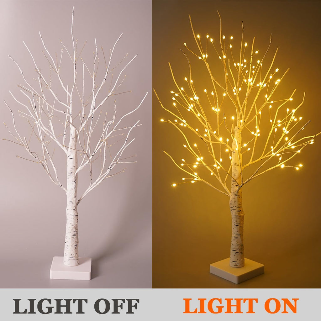 Lighted Trees for Indoor Decor, 24”2FT White Birch Tree with 144 LED Lights, Lighted up Tree Lamp USB/Battery Powered Timer, Artificial Trees for Table Home Christmas Decor (2)