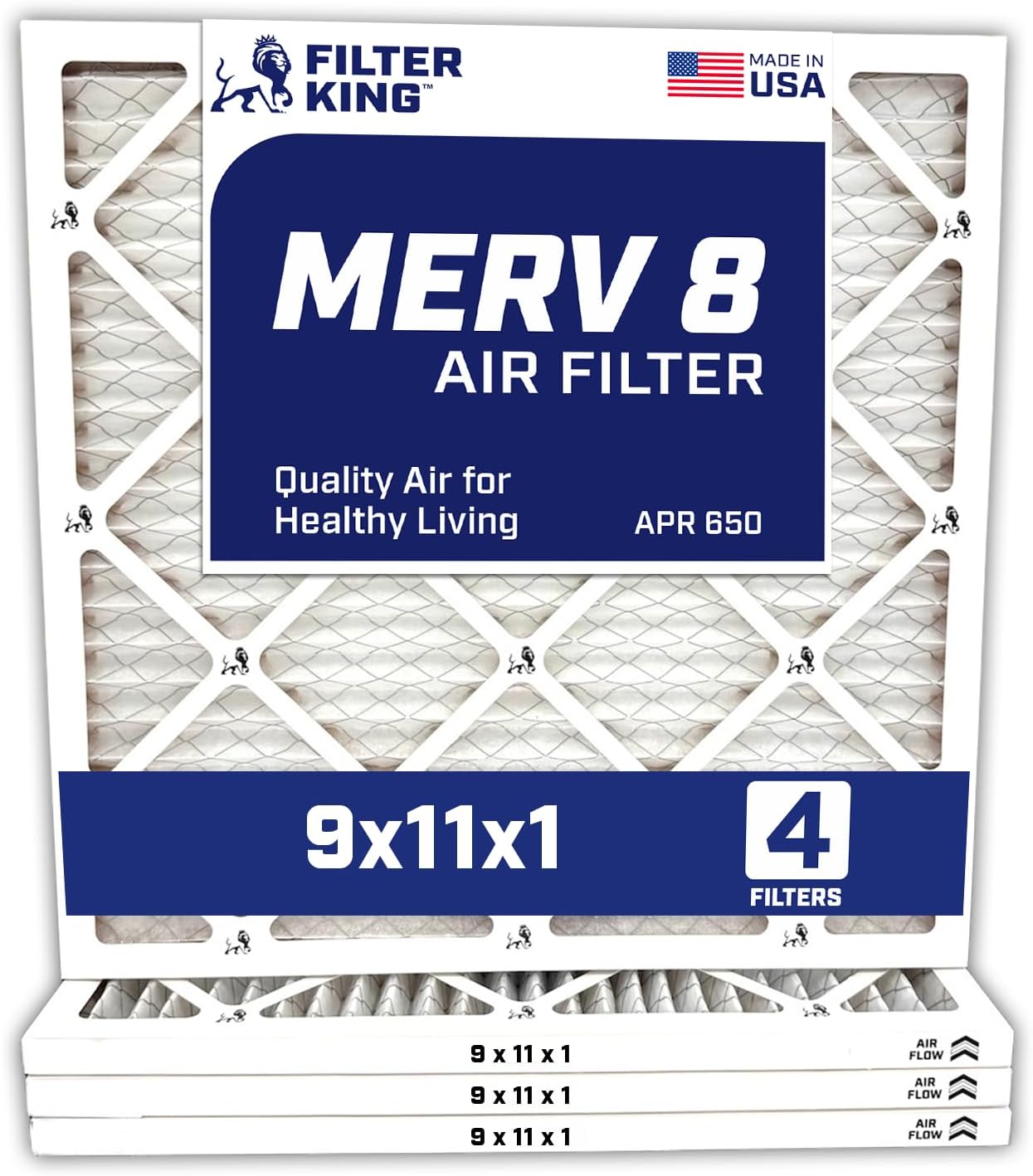Filter King 9x11x1 Air Filter | 4-PACK | Carbon MERV 8 HVAC Pleated A/C Furnace Filters | MADE IN USA | Actual Size: 9 x 11 x .75"