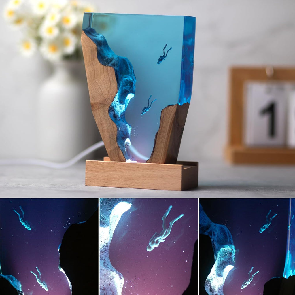 Epoxy Resin Lamp, Ocean Night Light,Artistry Home Decor Bedside Nightlight, Unique Resin Lighting, Nightstand Decorations for Bedroom, Suitable for Holidays(6inch-Two Divers)