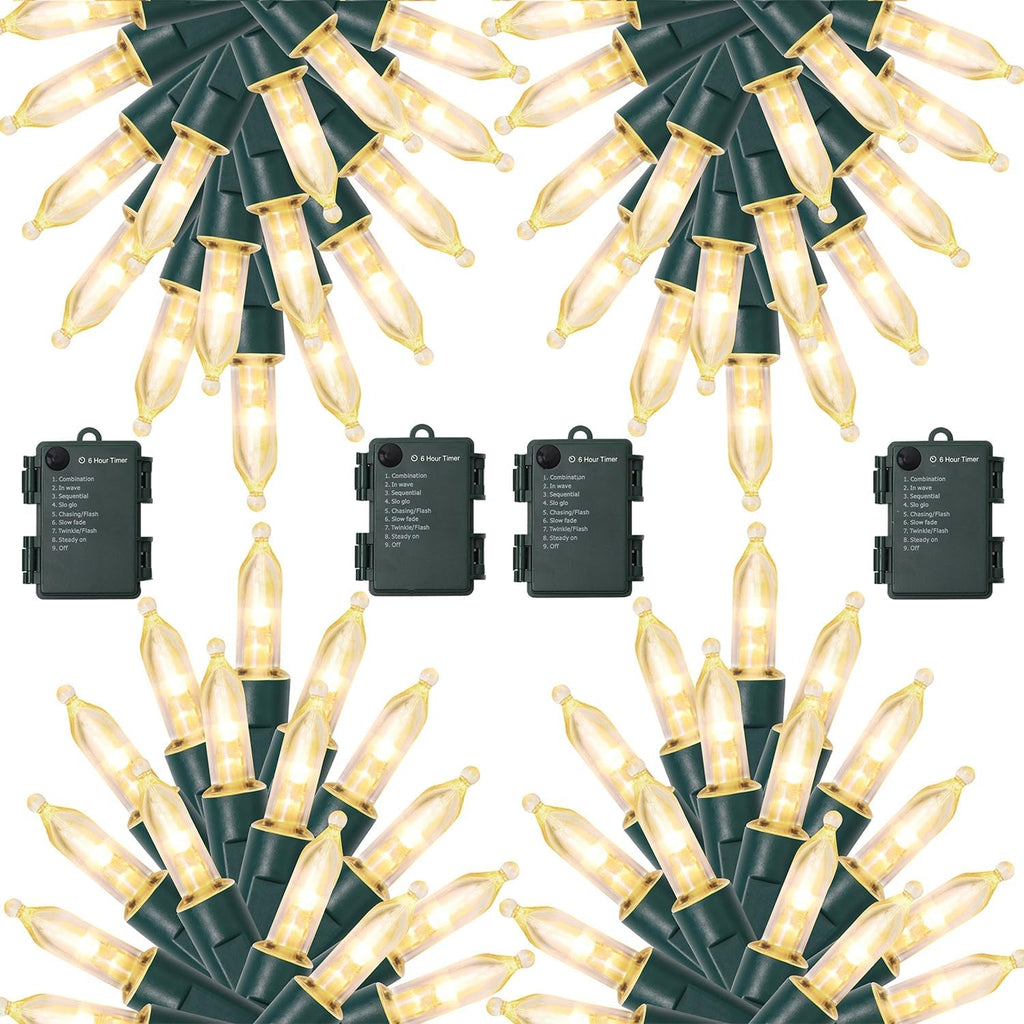WATERGLIDE 4 Pack 50LED Outdoor Christmas Lights, 16FT Battery Operated Mini String Lights with 8 Modes & Timer, Xmas Tree Lights Waterproof for Patio Garden Party Wedding Holiday Decor, Warm White