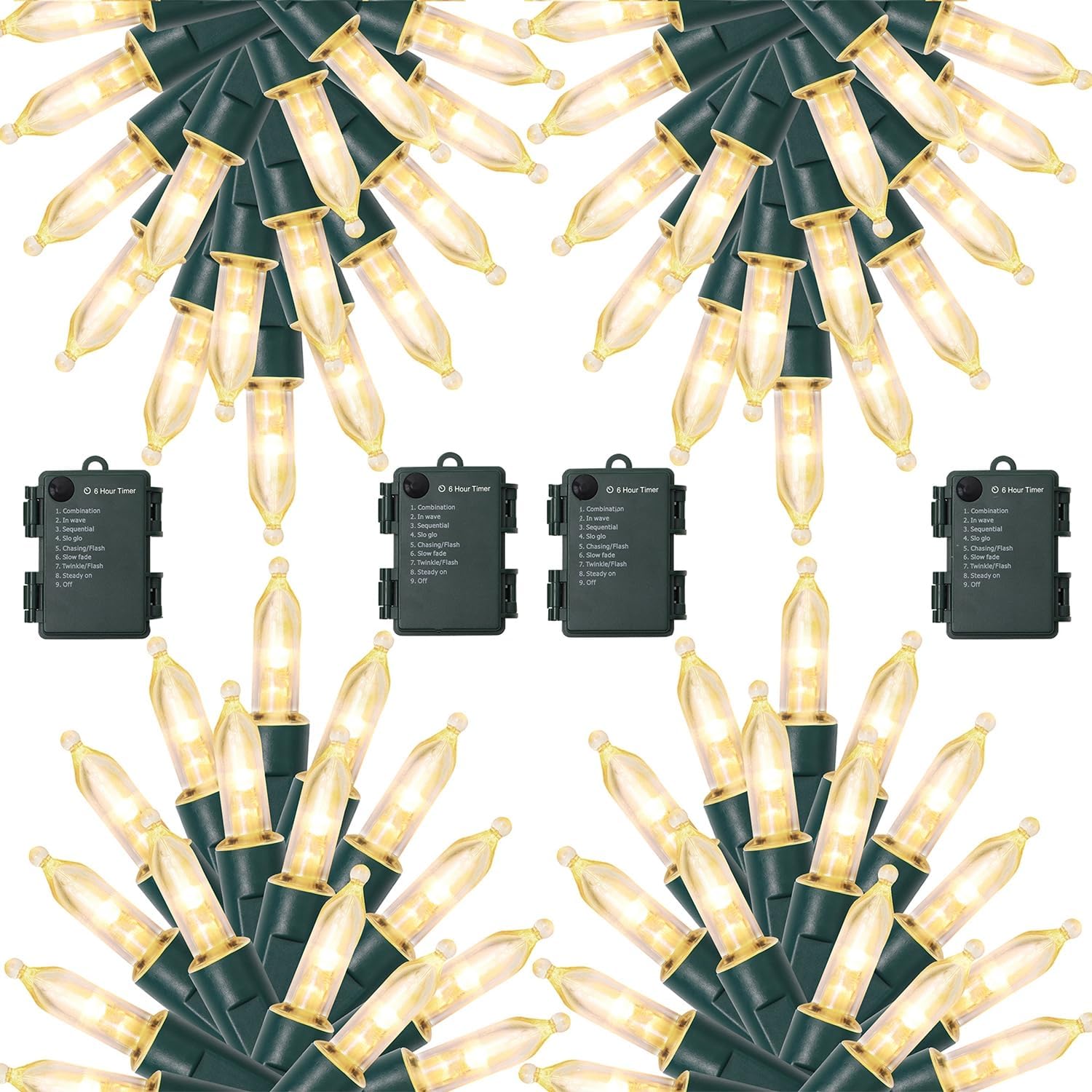 WATERGLIDE 4 Pack 50LED Outdoor Christmas Lights, 16FT Battery Operated Mini String Lights with 8 Modes & Timer, Xmas Tree Lights Waterproof for Patio Garden Party Wedding Holiday Decor, Warm White