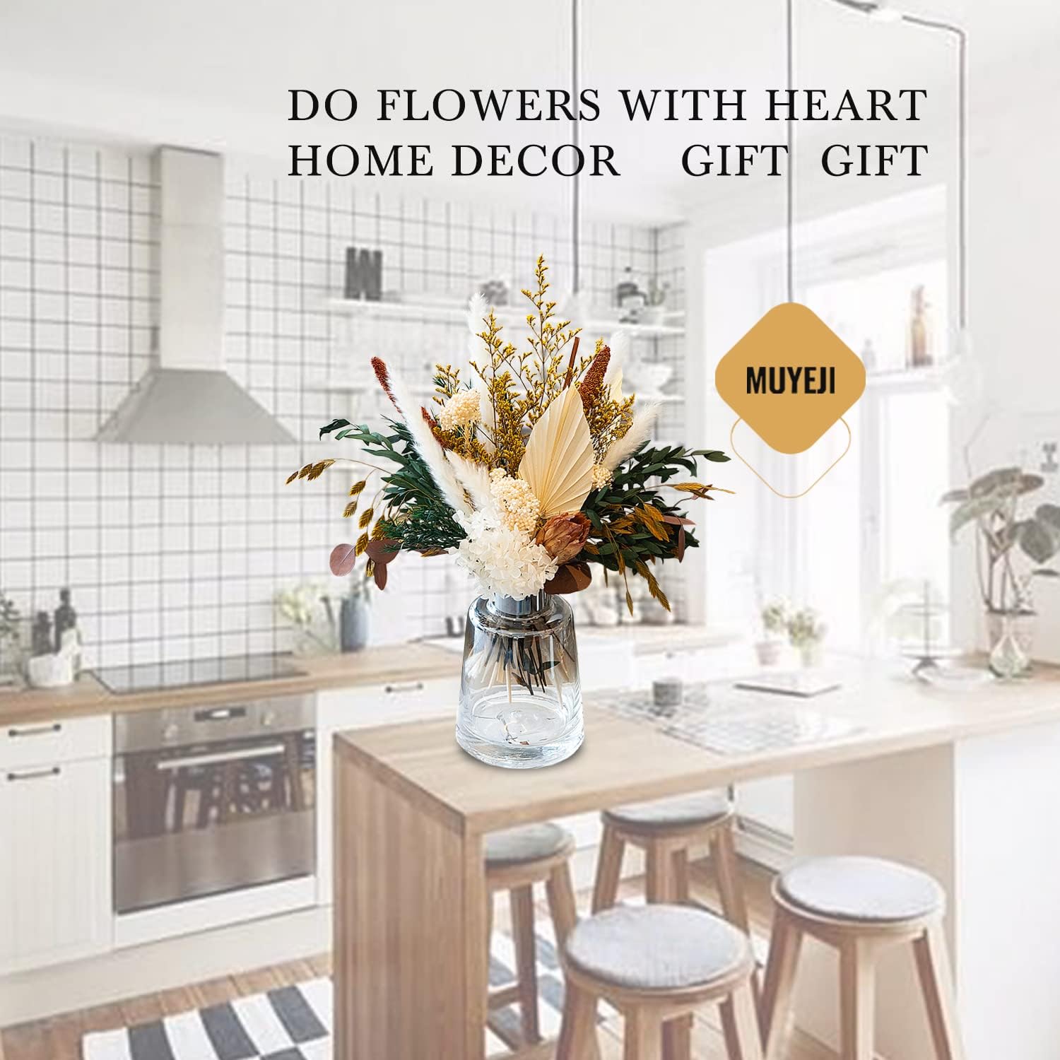 Natural Dried Flower Bouquet - Pampas Grass Decor, Fall Floral Arrangements with Eucalyptus, Plams, Hydrangea, Rustic Bouquet for Vase, Boho Table Centerpiece, Bohemia Home Wedding Decoration