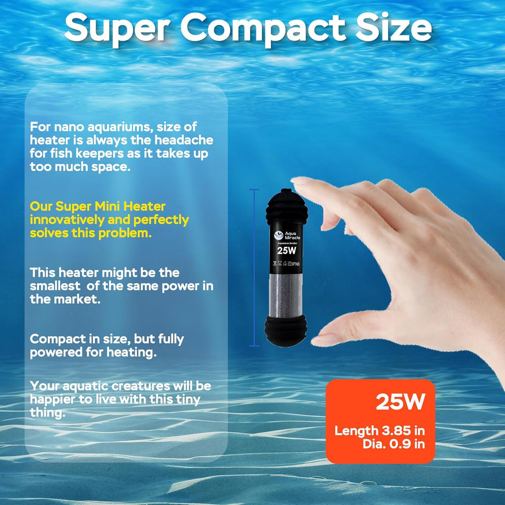 AquaMiracle 25W Small Aquarium Heater Fish Heater, Super Mini Fish Tank Heater Turtle Tank Heater for 3-5 Gal Tanks, with Dual LED Display, Dry-Run/Overheating Protection & Memory Function