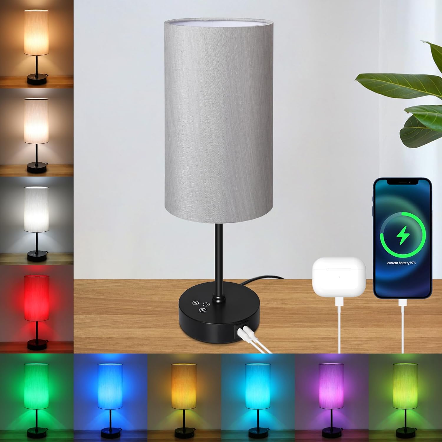 Unicozin 17Inch Table Lamp, 3 CCT 3000K/4500K/6500K & RGB Color Changing, Stepless Dimmable Bedside Lamp for Reading, Ambience Nightstand Light for Home Decor Party, Grey Shade