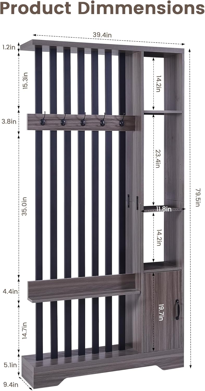 Room Divider with Shelves, Wall Room Divider Bookshelf, Freestanding Wood Privacy Screen with Storage Cabinet, Coat Rack, Display Shelf for Living Room Separation, Home Office Decorative