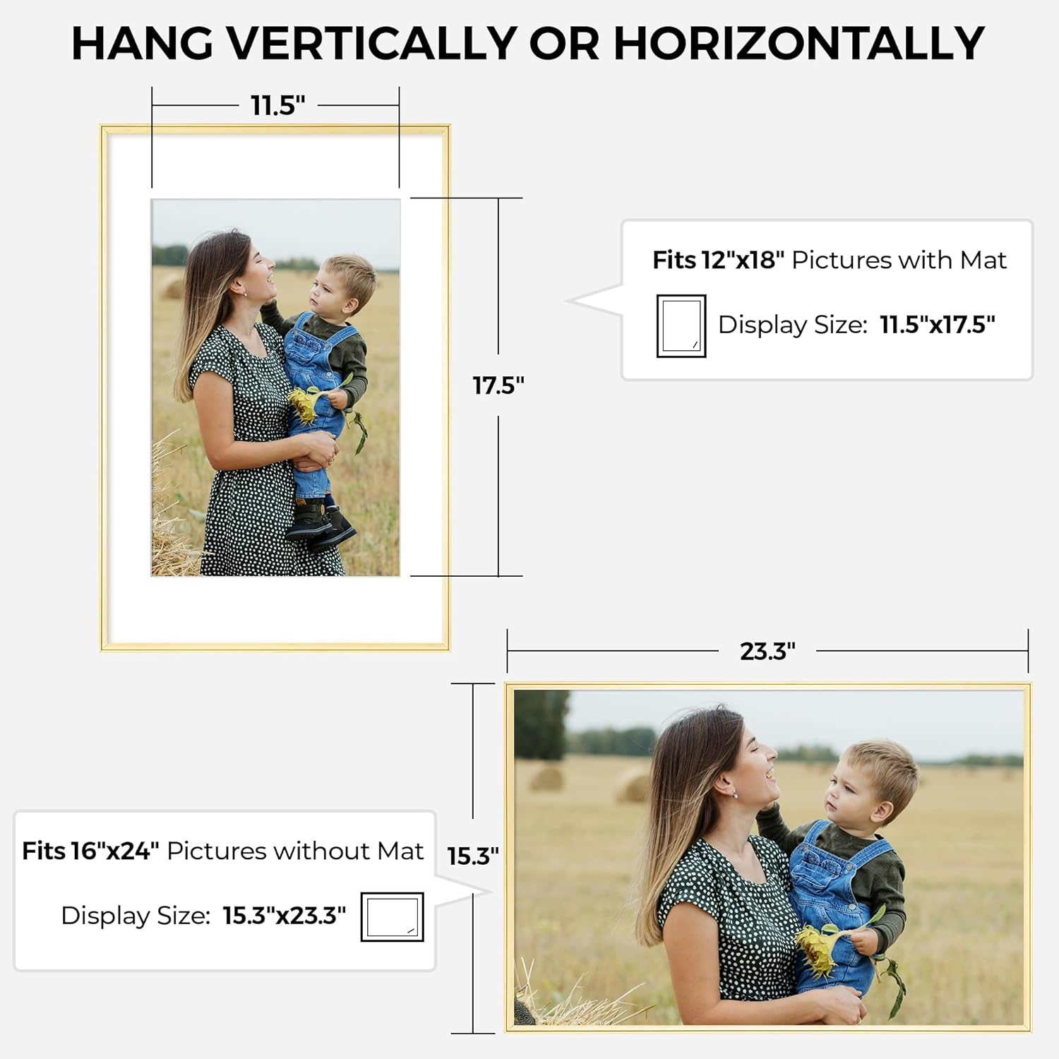 RICHFOCUS Aluminum Picture Frame - 16x24 Gold Metal Frame with Mat for 12x18 Photo, Floating Frame with Tempered Glass - Poster Frame Wall Hook Included for Gallery Wall, Set of 3