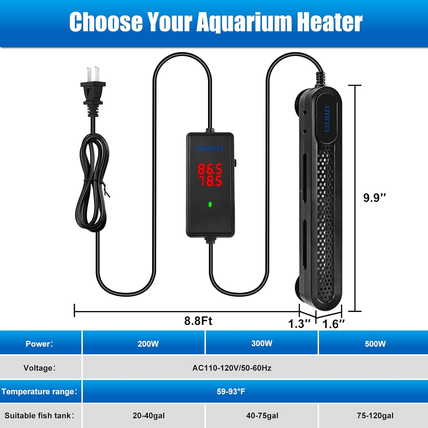Submersible Aquarium Heater for Fish Tank: 200W/300W/500W Fishtank Heaters with Dual Temperature Digital LED Display - Overheating and Off-Water Protection for 75-120 Gallon