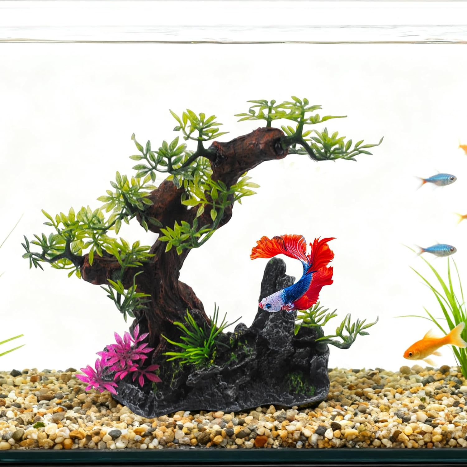 Aquarium Bonsai Tree Decor,Fish Tank Decorations Resin Rock View with Artificial Plants Accessories Betta Goldfish Ornaments Freshwater Saltwater Décor for Small Fish Shrimp