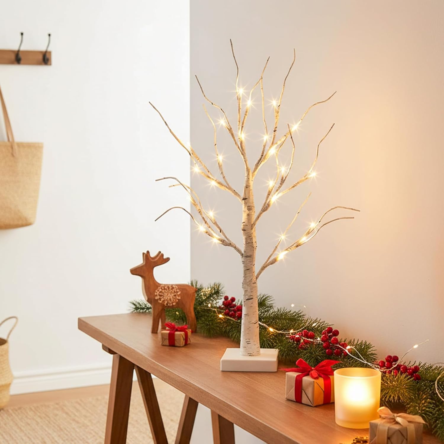 Vanthylit Lighted Tree, White Birch Tree with LED Lights, Prelit Artificial Tree with Timer, Centerpiece Tree Light for Christmas Decorations, Light Up Tabletop Tree Home Decor (2 FT, Warm White)