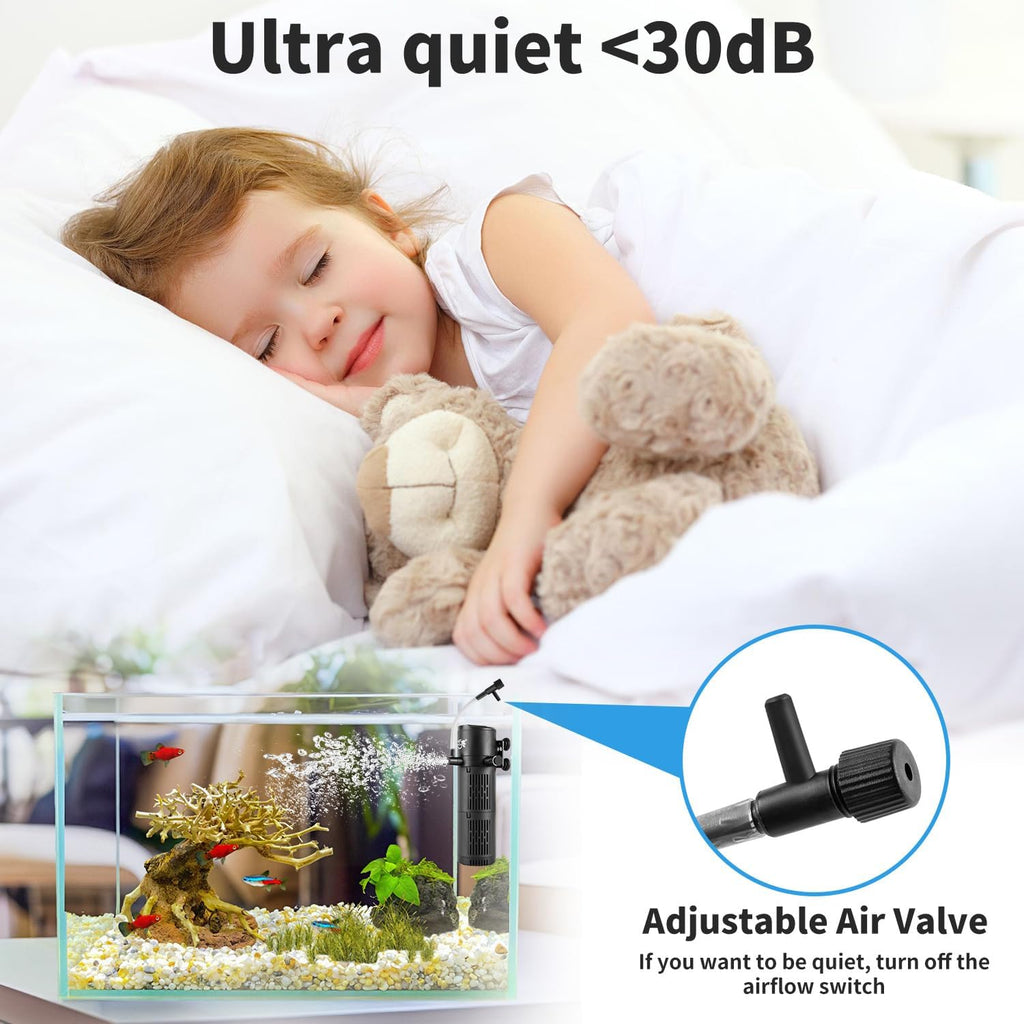 Aquarium Filter, Fish Tank Filter 4-in-1 for 40-120 Gallon Tanks, Submersible Internal Filter with Wave-Maker, Oxygenation & Adjustable Air Flow for Freshwater/Saltwater/Turtle Tanks (12W)