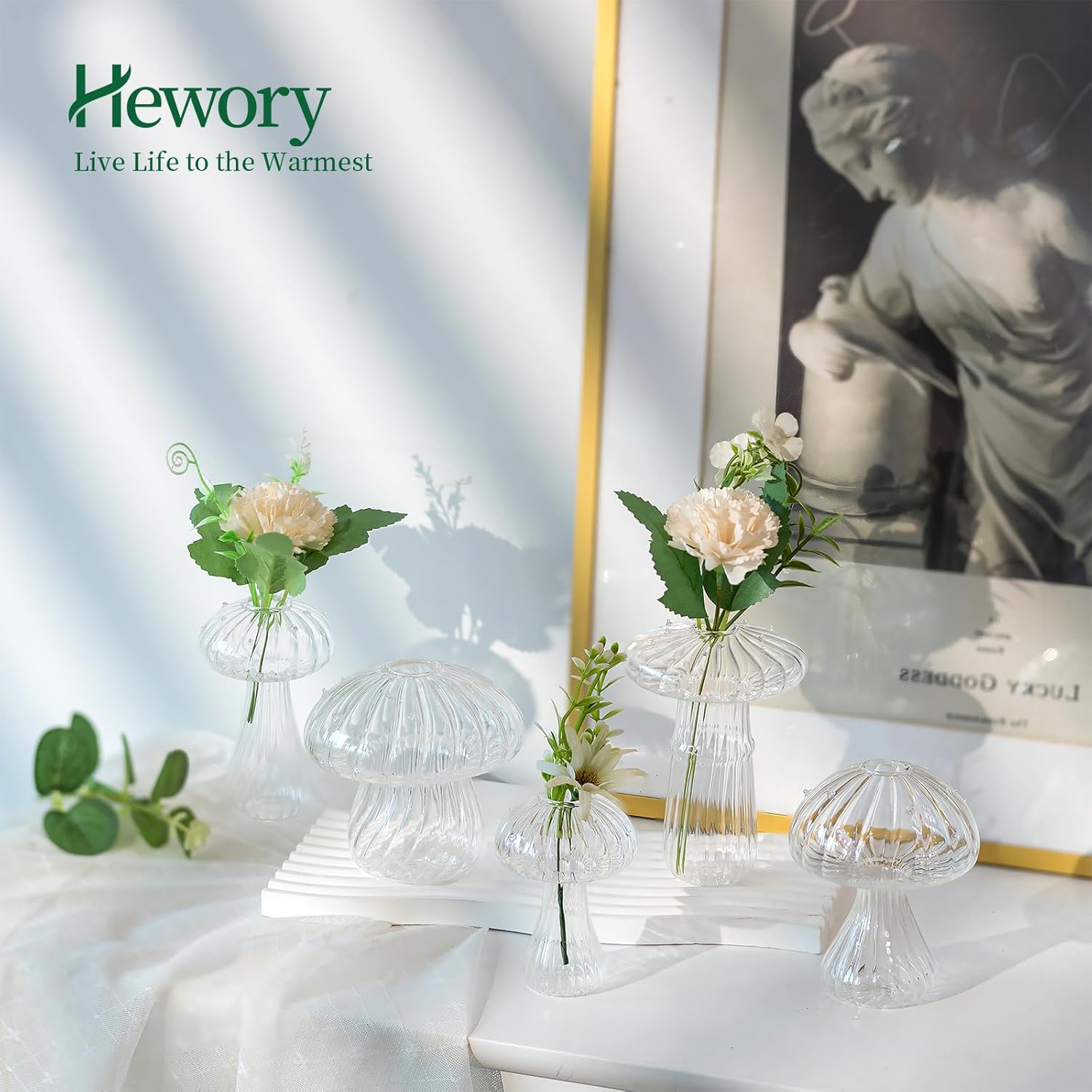 Mushroom Jars for Plants, Hewory 5pcs Clear Glass Mushroom Bud Vase for Flowers, Unique Plant Propagation Stations Propagating Vases Decor, Mini Cute Hydroponic Terrarium Planter for Indoor Planters