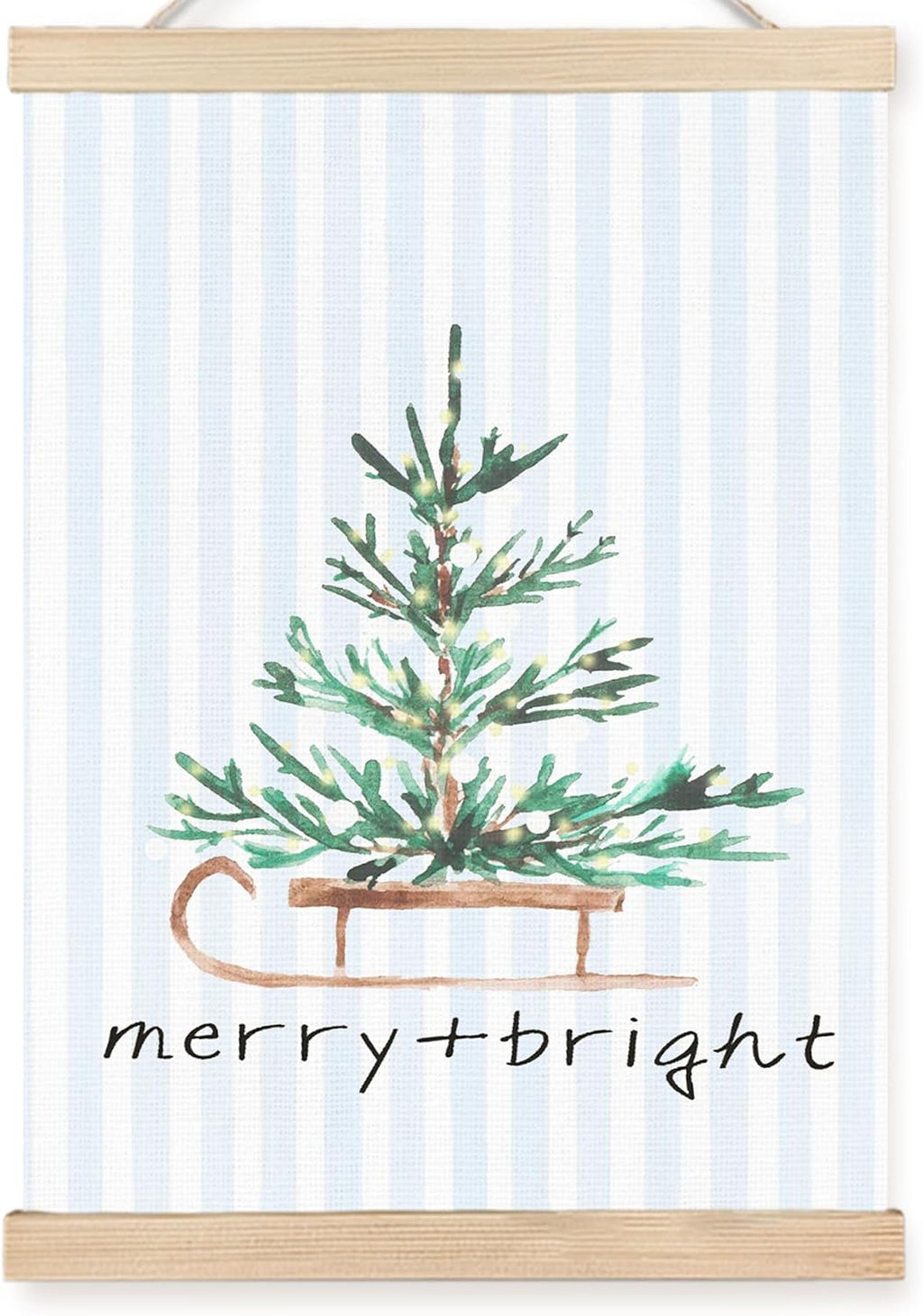 FDHSPAAM Christmas Pine Tree Wall Art Decor, Christmas Tree Decor, Blue and White Stripes Merry Xmas Holiday Wall Art Posters for Home Bedroom Living Room, 12x16 Inch