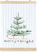 FDHSPAAM Christmas Pine Tree Wall Art Decor, Christmas Tree Decor, Blue and White Stripes Merry Xmas Holiday Wall Art Posters for Home Bedroom Living Room, 12x16 Inch
