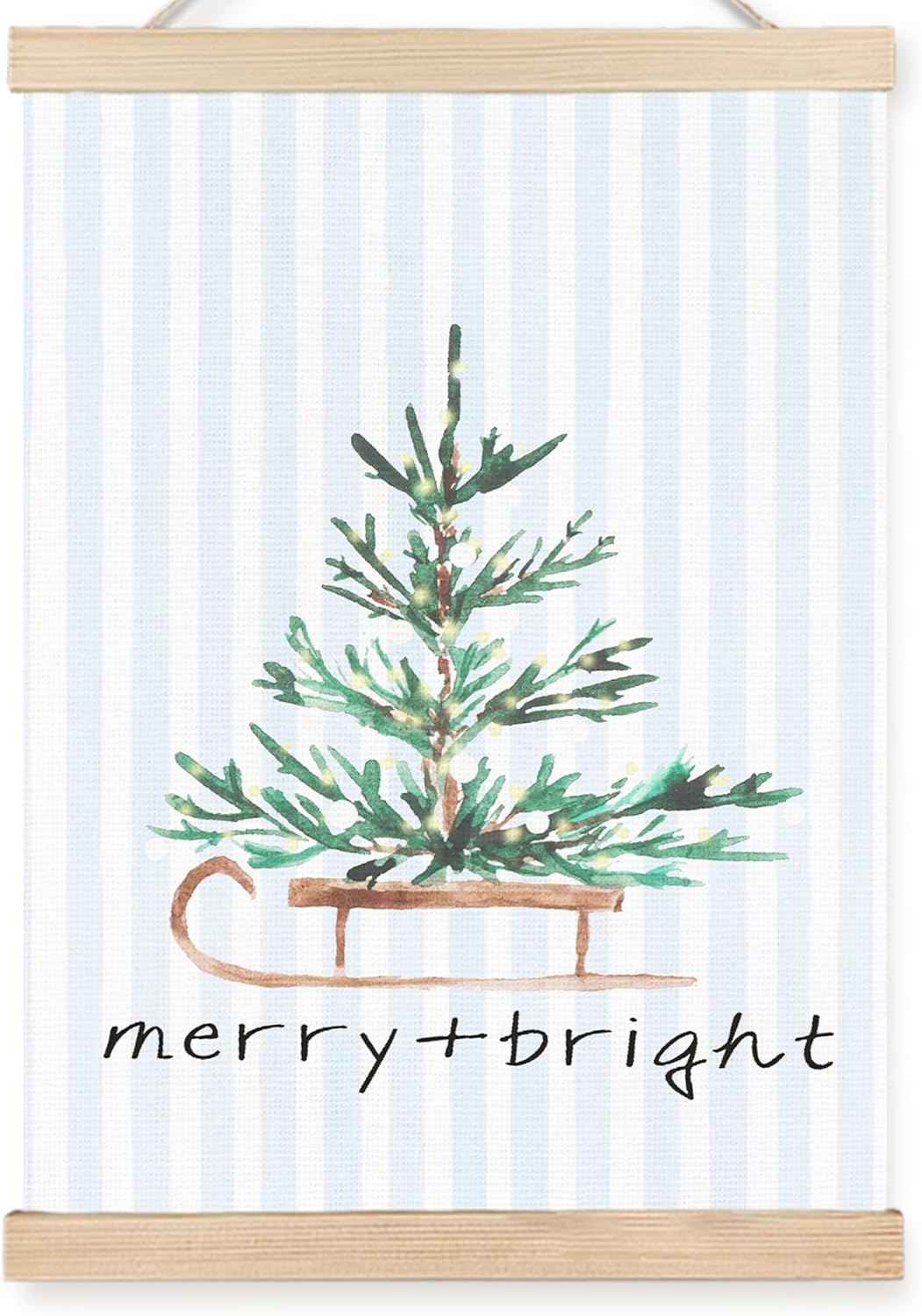 FDHSPAAM Christmas Pine Tree Wall Art Decor, Christmas Tree Decor, Blue and White Stripes Merry Xmas Holiday Wall Art Posters for Home Bedroom Living Room, 12x16 Inch