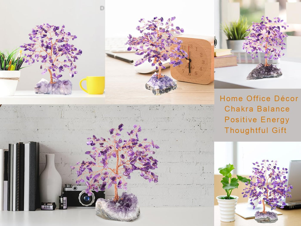 Handmade Chakra Gemstone Crystal Tree of Life,Natural Amethyst with Amethyst Cluster Base,Bonsai Feng Shui Decor Money Tree,Healing Crystals Positive Energy Gift Size 5.5"-6.3"