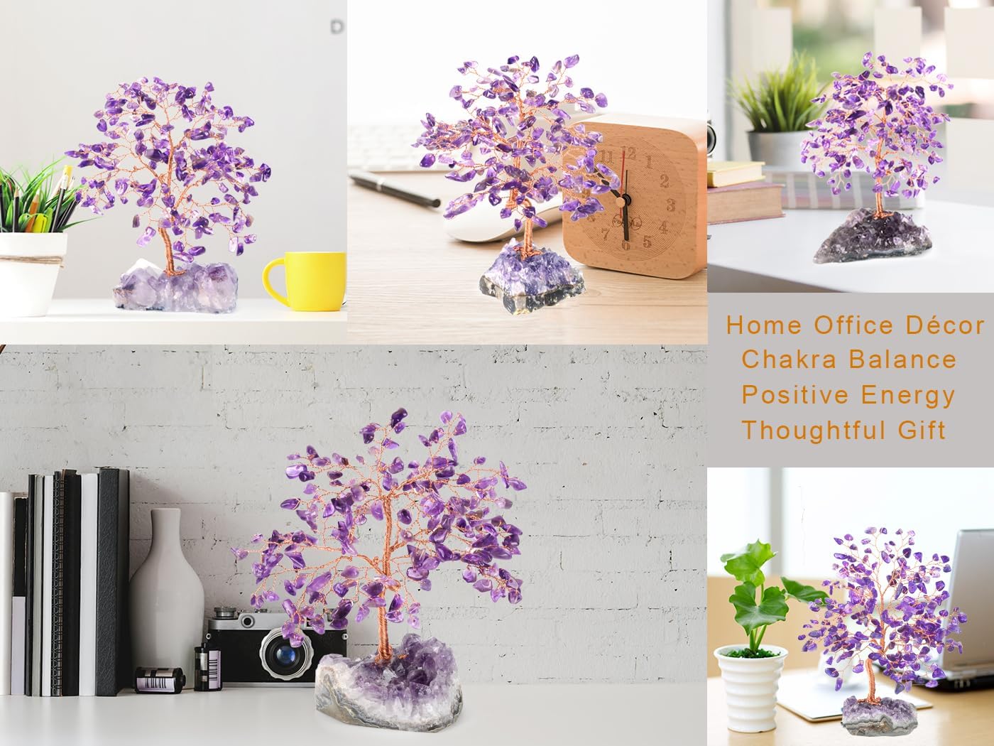 Handmade Chakra Gemstone Crystal Tree of Life,Natural Amethyst with Amethyst Cluster Base,Bonsai Feng Shui Decor Money Tree,Healing Crystals Positive Energy Gift Size 5.5"-6.3"