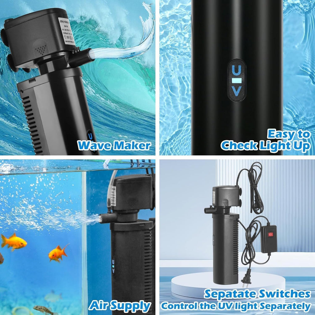 Aquarium U-V Filter Dual Spout 600GPH for Large 100-300 Gallon Fish Tank Silent Canister Internal Filter Cold Plunge Tub Koi Pond Filter, Green Clean Machine Deodorization for Saltwater Freshwater
