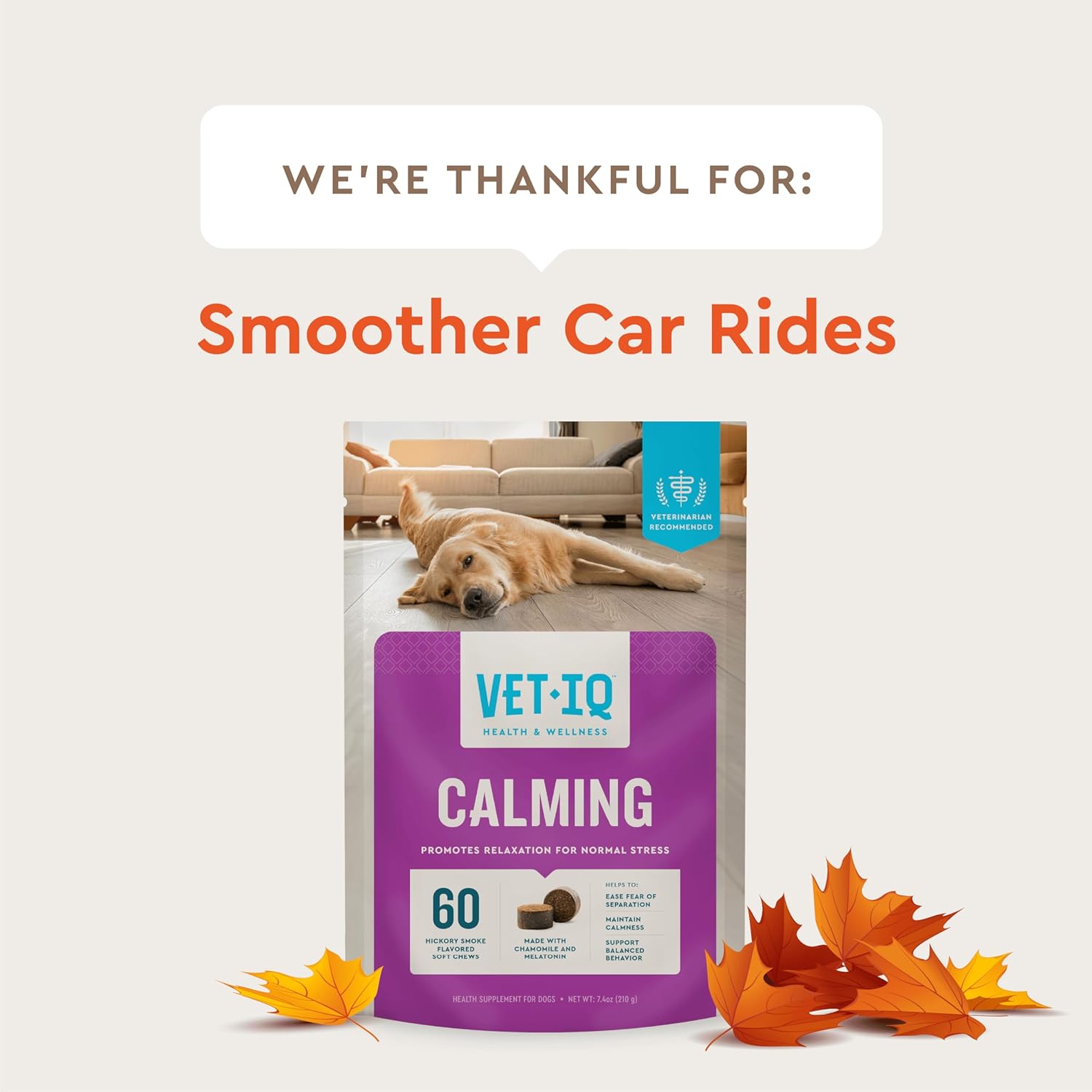 VetIQ Calming Support Supplement for Dogs, Calming Chews Help Manage Stress and Promote Relaxation, Anxiety Relief for Dogs, Made in The USA, 60 Count