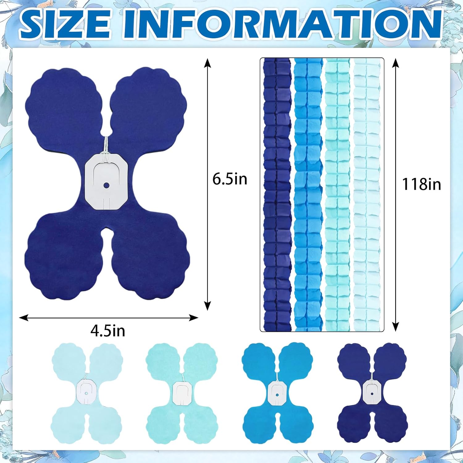 12 Pcs Blue Paper Garland Streamers Decorations, Navy Sky Teal Gradient Backdrop Decor 9.8ft Ready-to-Hang 4-Leaf Design for Graduation Mamma Mia Under The Sea Boy Birthday Party Supplies