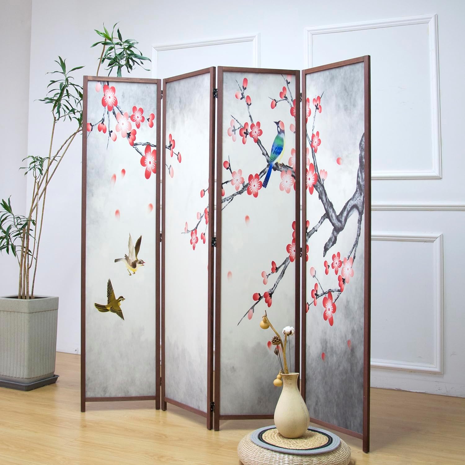 4 Panel Room Divider Screen,Double Faced Blackout Panel Divider Folding Panel Screen Divider for Room Separation,Magnolia and Plums,67" H x 63" W