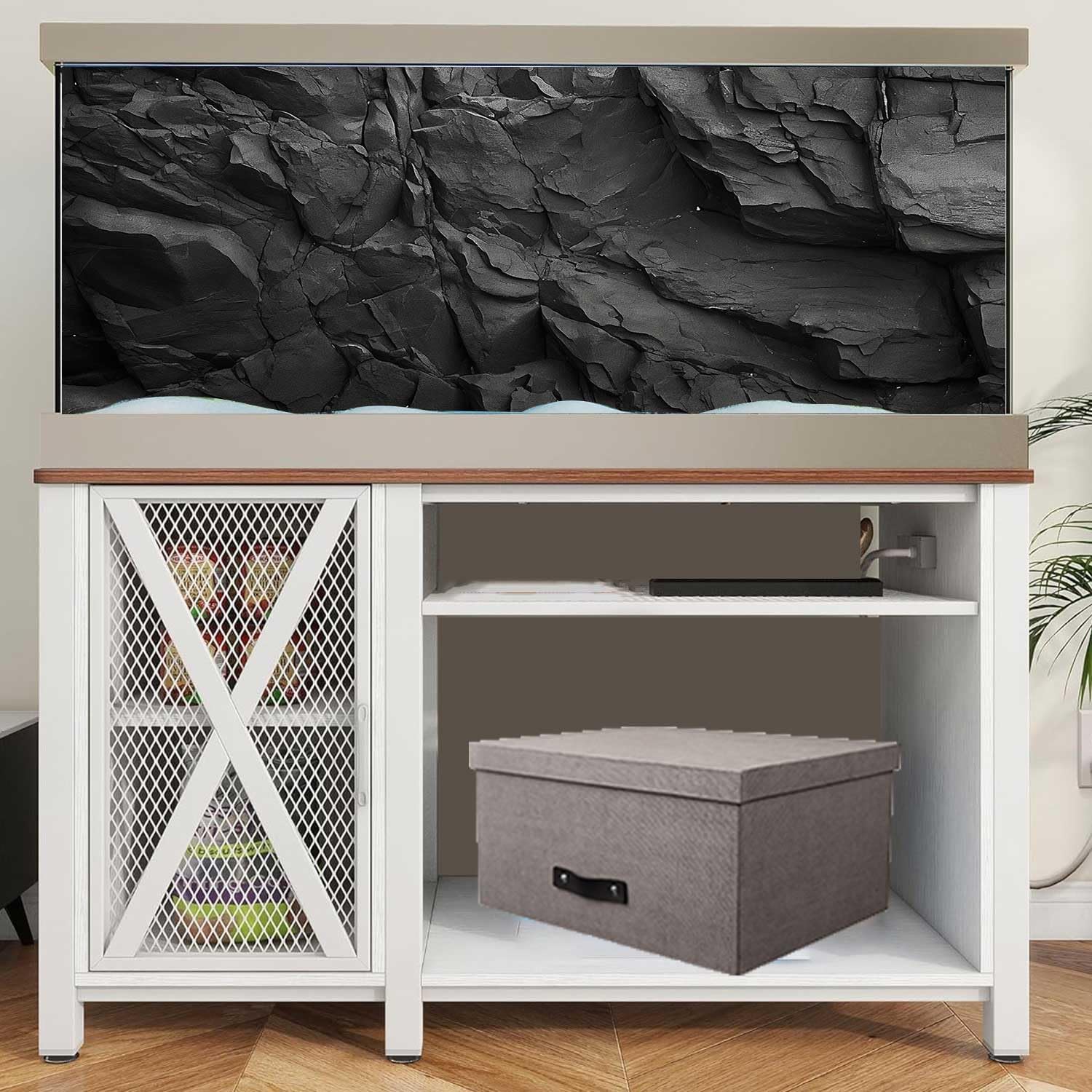 Stone Aquarium Background, Underwater Black Rock Fish Tank Background Rocky Terrarium Background, Polyester Background with 6 EVA Double-Sided Tapes 48x24 inches/120x60cm