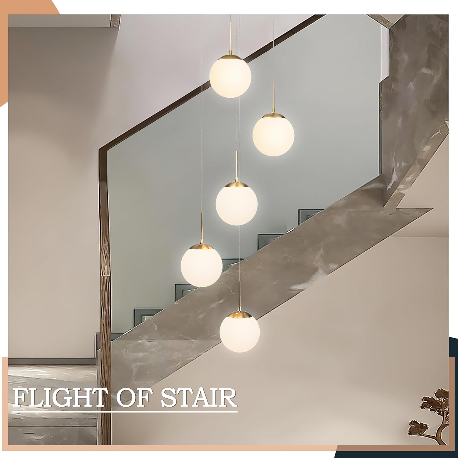 KoKo&Yukina 5-Light Globe Glass Pendant Light Adjustable Length Pendant Lights Fixtures Modern Gold Chandelier with Milky White Glass Ceiling Lights for Foyer Hallway Bedroom (Bulb & Remote Incl.)