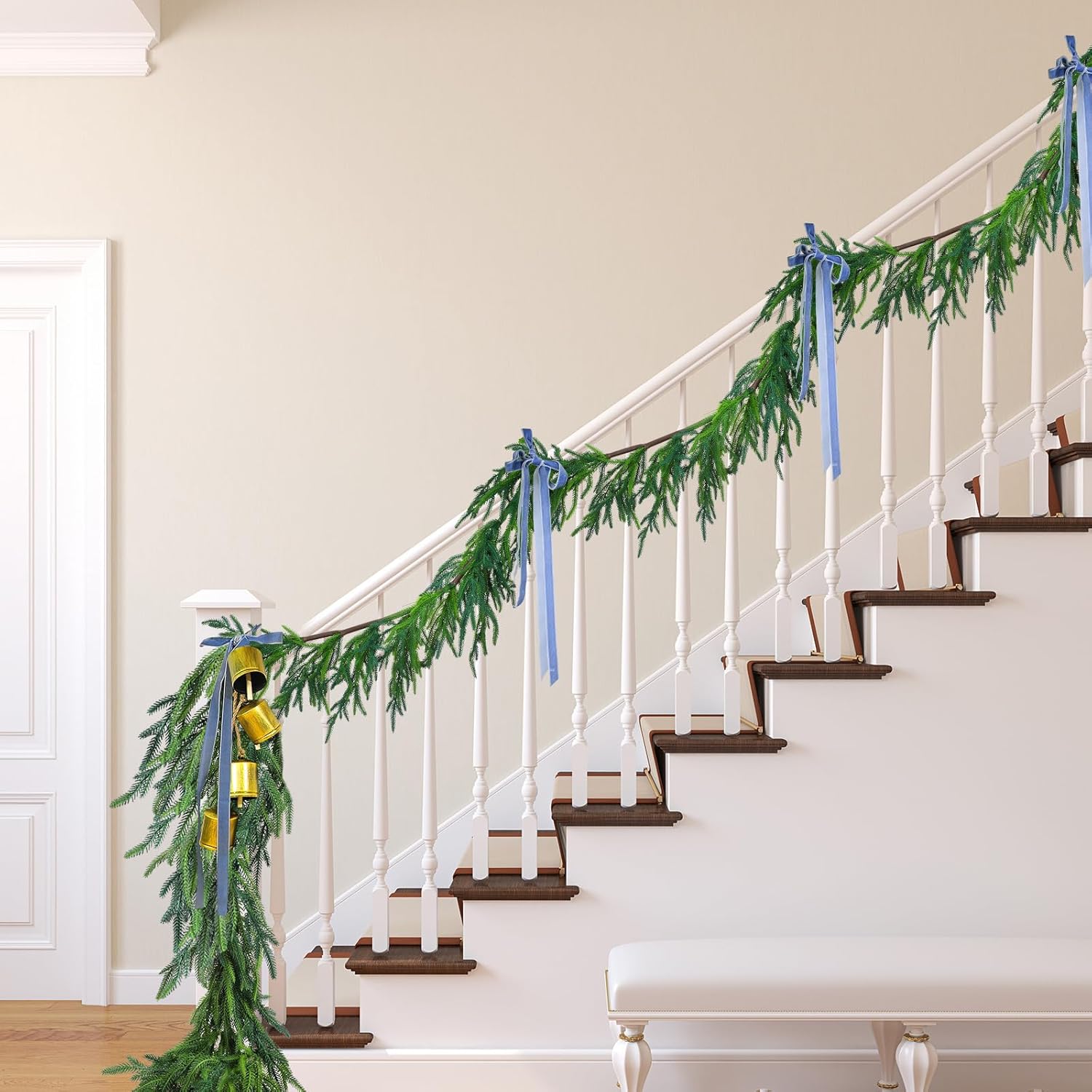 Jutom 1 Pcs 50 Feet Christmas Norfolk Pine Garland Realistic Artificial Faux Greenery Cedar Garland for Mantle Holiday Indoor Outdoor Fireplace Winter Christmas Decorations