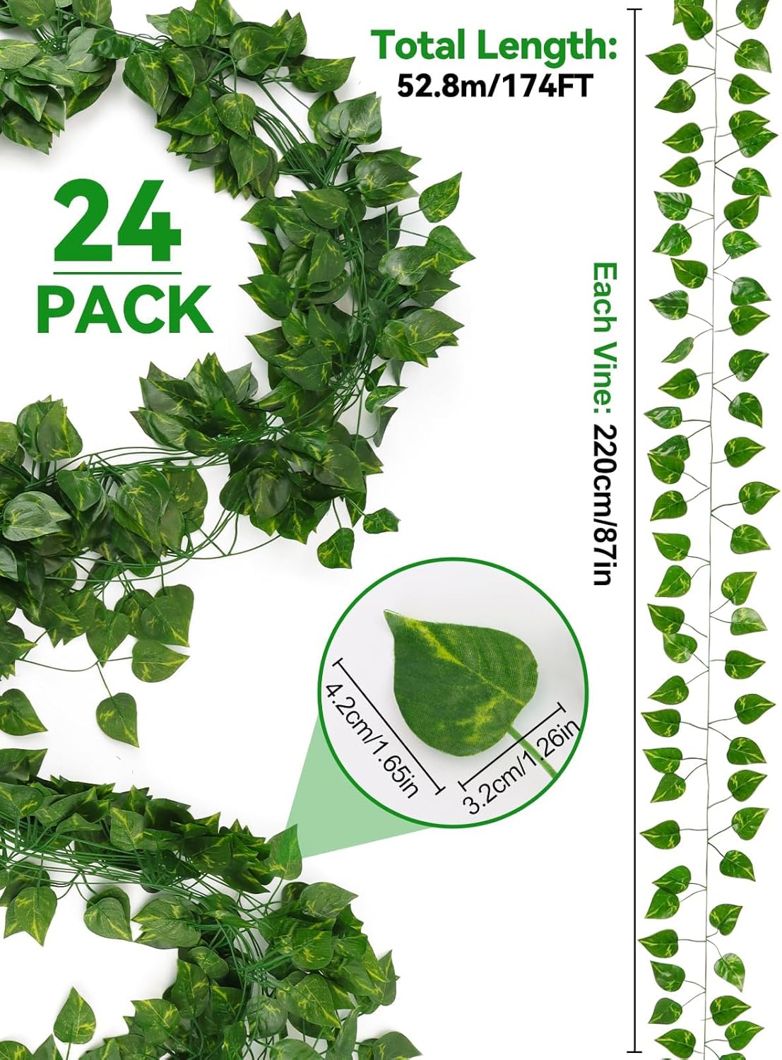 Kalolary 174FT Artificial Ivy Garland, 24 Pack Scindapsus Leaf Fake Vines Plants Garland Hanging Aesthetic Plants Greenery Green Leaves for Wedding Bedroom Garden Party Office Wall Outdoor Decoration