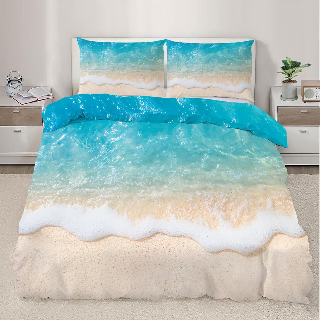 Sea Waves Duvet Cover King Size, Ocean Beach Waves Splash Bedding Set 3 Piece Bedroom Decor Coastal Sandy Comforter Cover with Zipper Ties & 2 Pillowcases