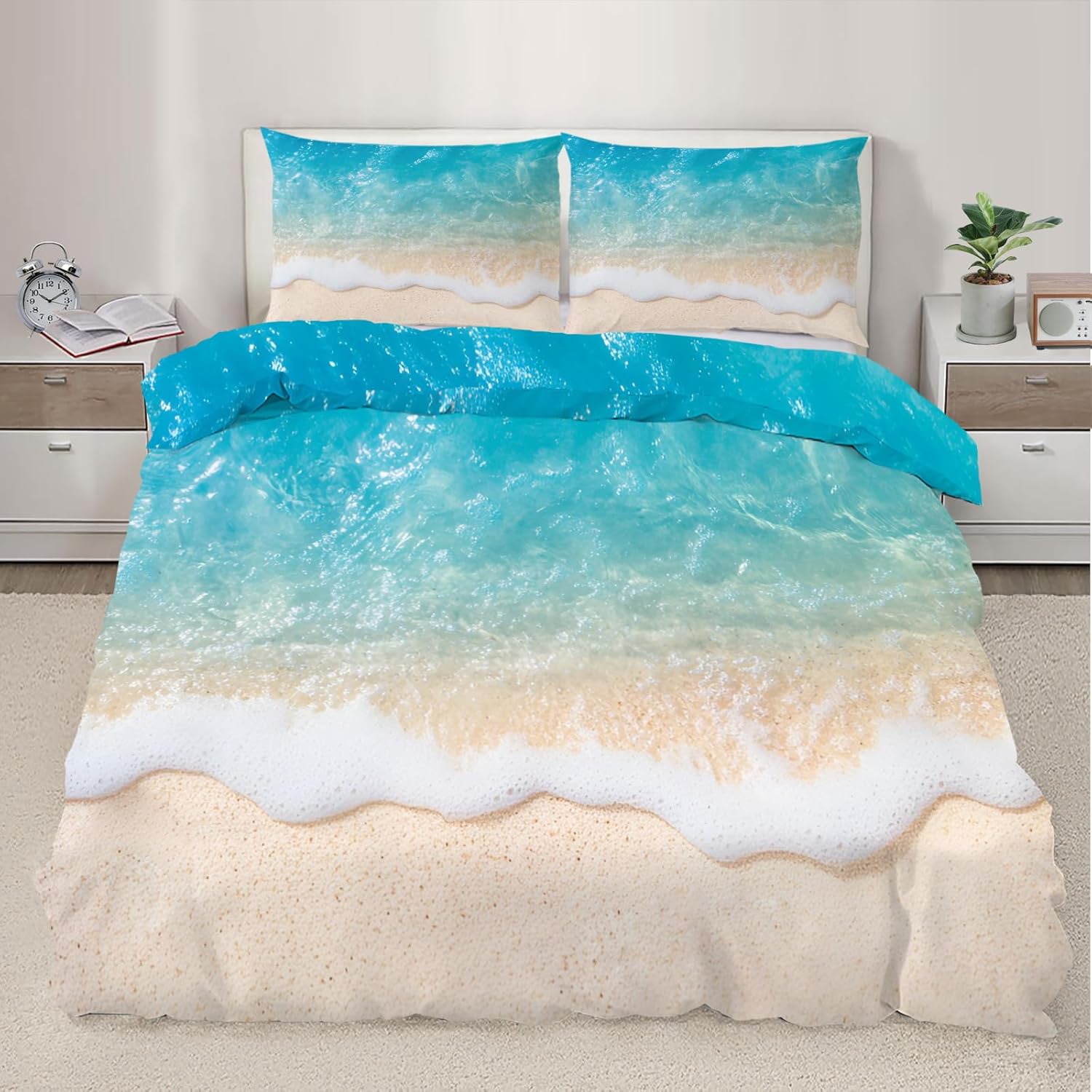 Sea Waves Duvet Cover California King, Ocean Beach Waves Splash Bedding Set 3 Piece Bedroom Decor Coastal Sandy Comforter Cover with Zipper Ties & 2 Pillowcases