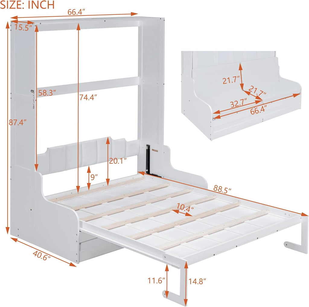 Merax Queen Size Murphy Bed Frame, Modern Wall Bed Can Be Folded into Cabinet, Chair with Cushion, White