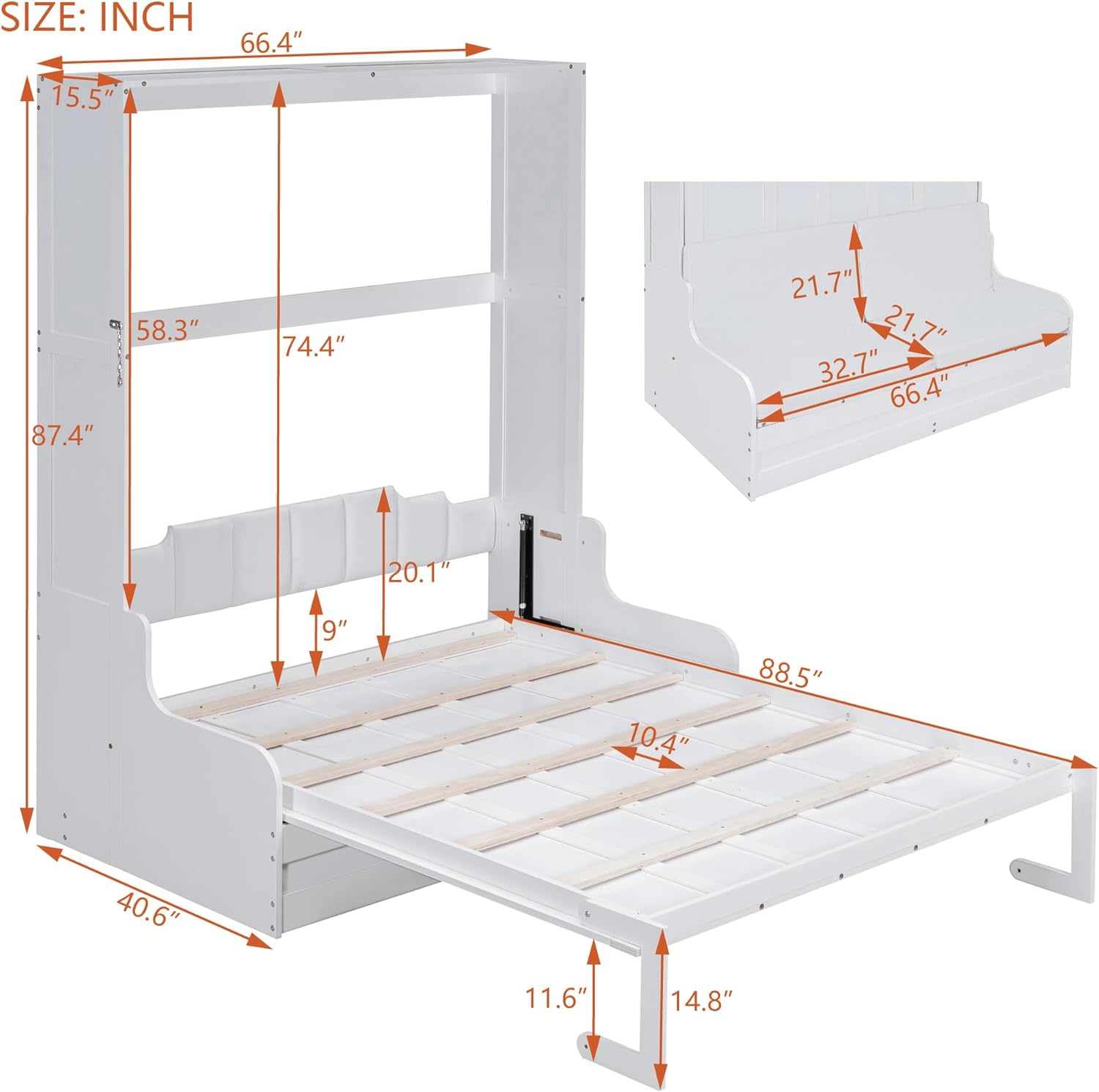 Merax Queen Size Murphy Bed Frame, Modern Wall Bed Can Be Folded into Cabinet, Chair with Cushion, White