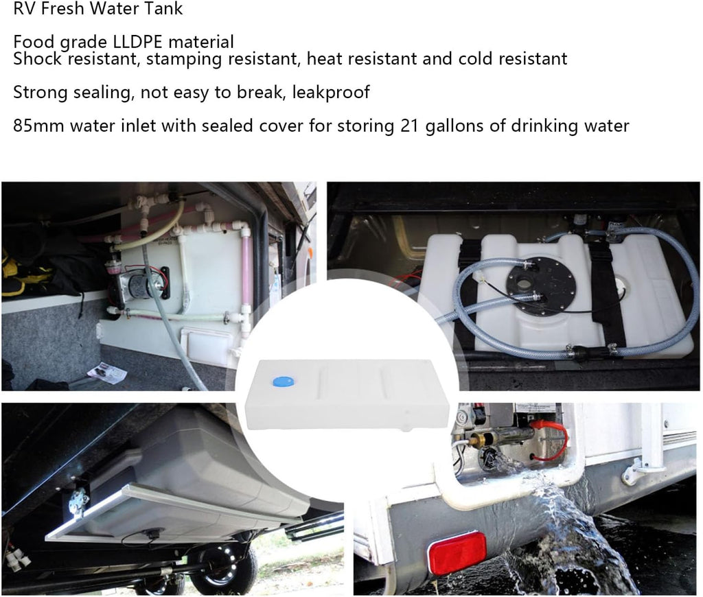 Asixxsix 21Gallon RV Fresh Water Tank, Cube Shape Potable Water Storage Tank Seamless 85MM Water Inlet Water Plastic Storage for Drinking Cooking Cleaning Showering Campers Trailers
