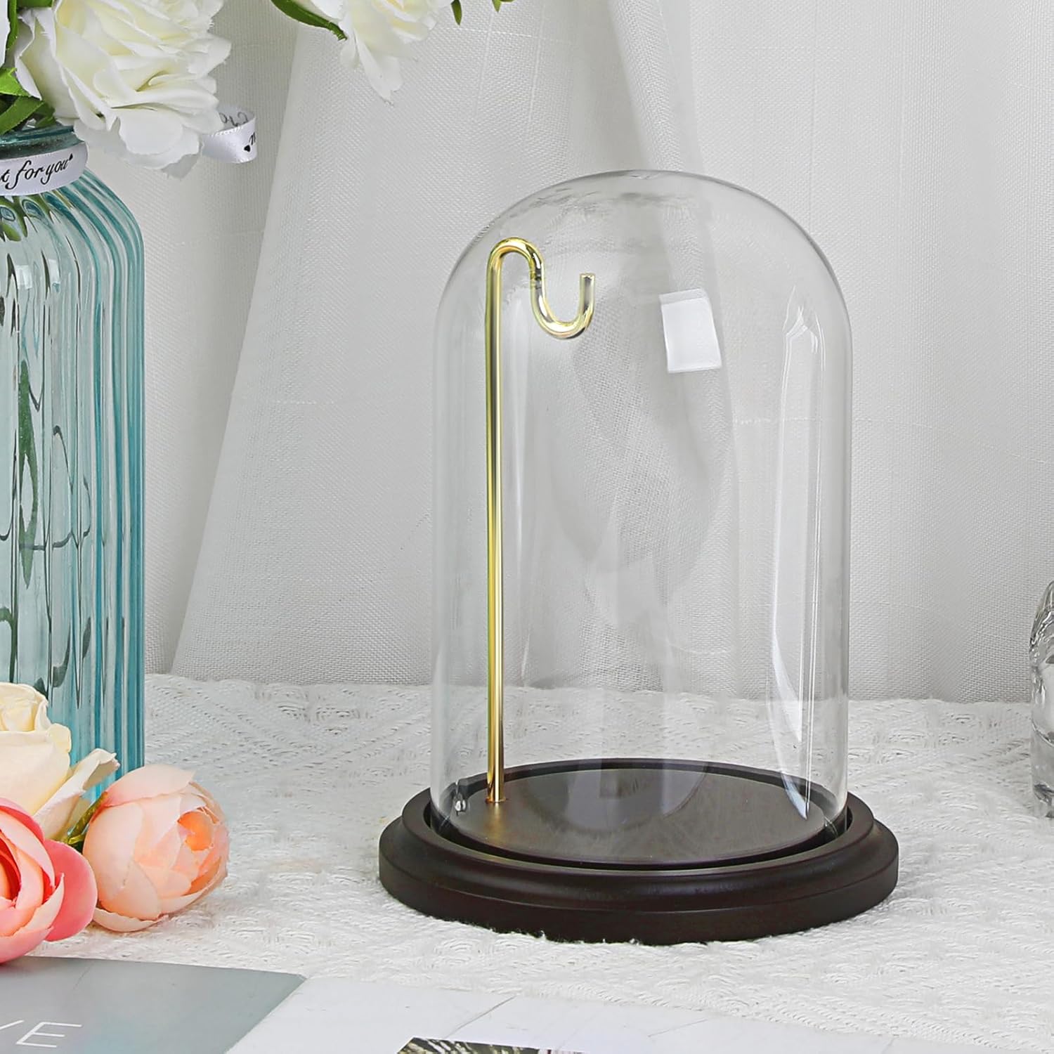 JUXYES Clear Watch Glass Display Dome Cloche With Hook, Dome Cloche with Hook with Wooden Base, Transparent Dome Cloche Bell Terrarium Jar Glass Cloche Bell Jar Display for Watch Ornaments