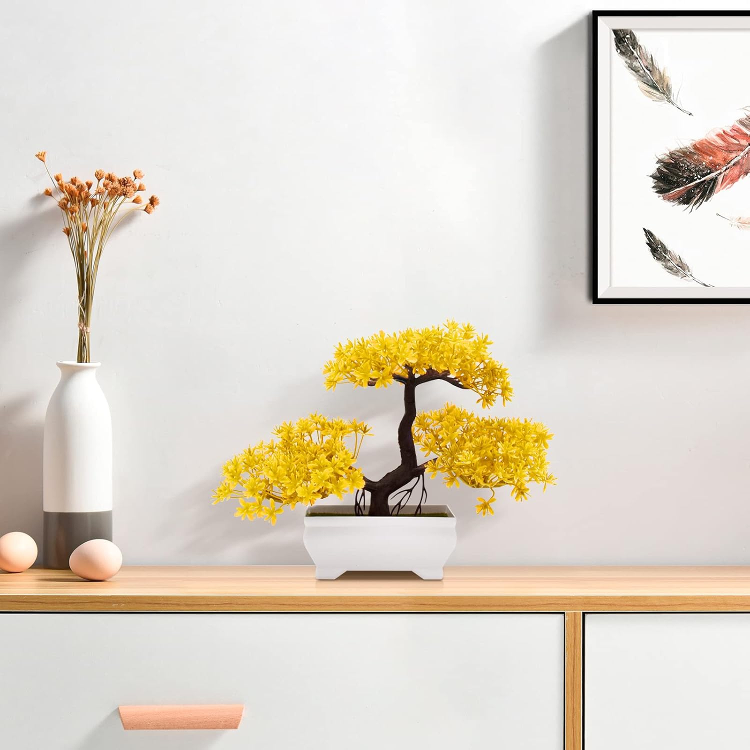 Mini Artificial Bonsai Tree Plants with Plastic Cement Pots for Home Office Décor(Yellow)
