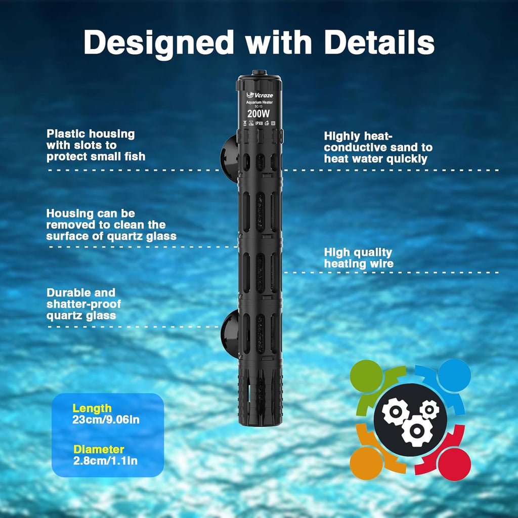 Fish Tank Heater with LED Digital Display Thermostat, Submersible Aquarium Heater with Protective Housing, 200W Adjustable Fish Heater for 20-40 Gallon Tanks