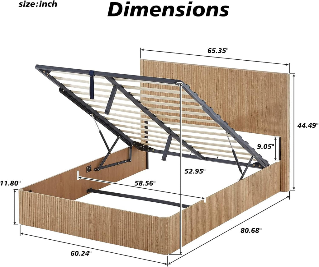 KEIKI Queen Size Wood Platform Bed Bedframe with Lift Up Hydraulic Storage,Corrugated Curved Lines Design for Bedroom