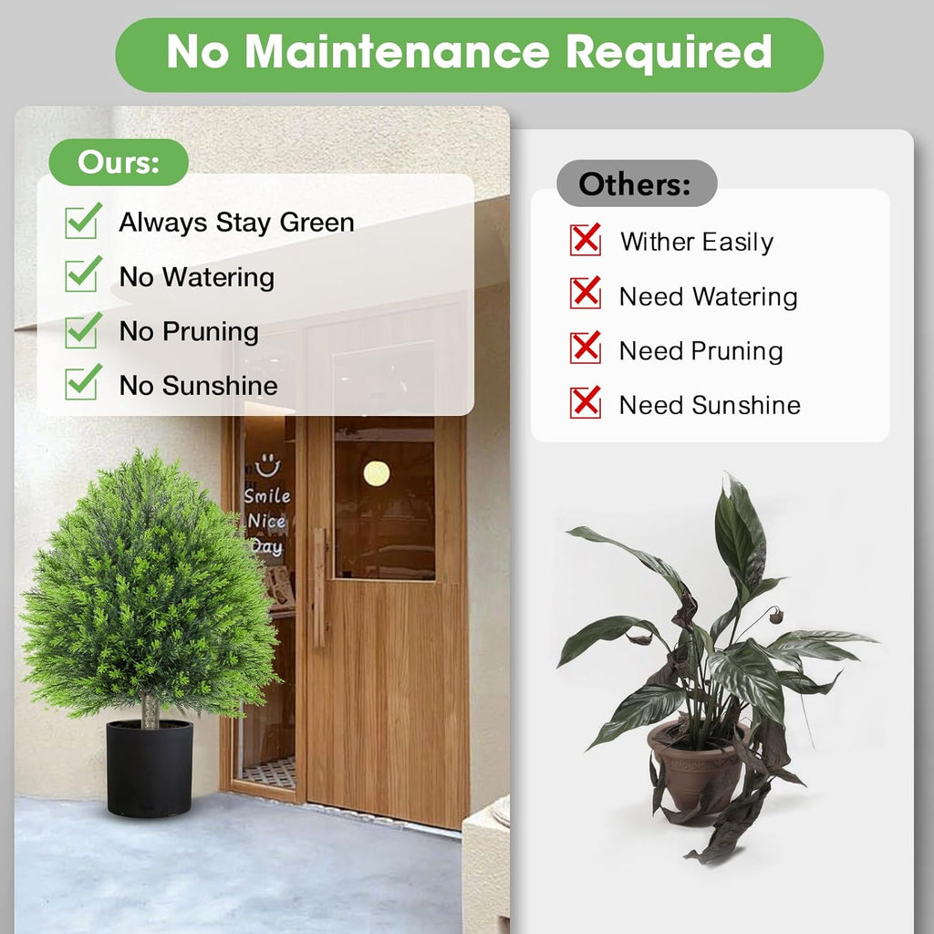 25.6" Artificial Cedar Topiary Ball Plants: Set of 2 Faux Cypress Bushes with Spike – UV Resistant & Fade Resistant Artificial Shrubs, Fake Evergreen Trees for Outdoor Indoor Front Porch Garden