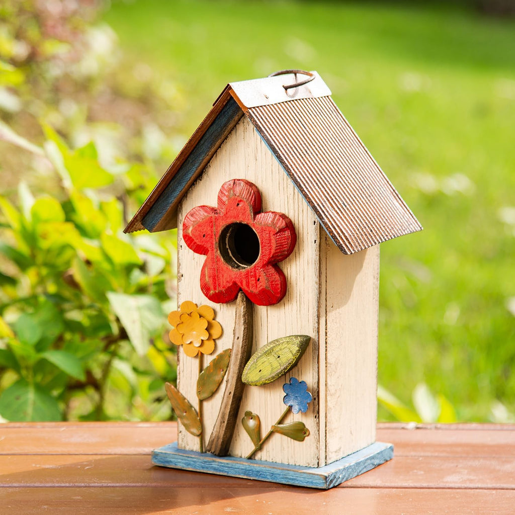 Glitzhome 10.2" H Hanging Bird House for Outdoor Patio Garden Decorative BirdHouse Pet Cottage Wooden Distressed Birdhouse with 3D Flowers, Washed White
