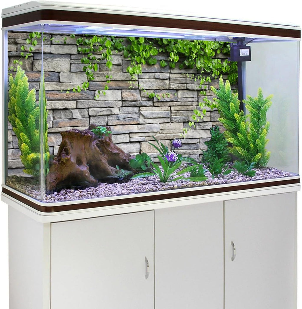 AWERT Vinyl 30x12 inches Stone Brick Wall Aquarium Background Rock Fish Tank Background Spring Leaves Terrarium Background