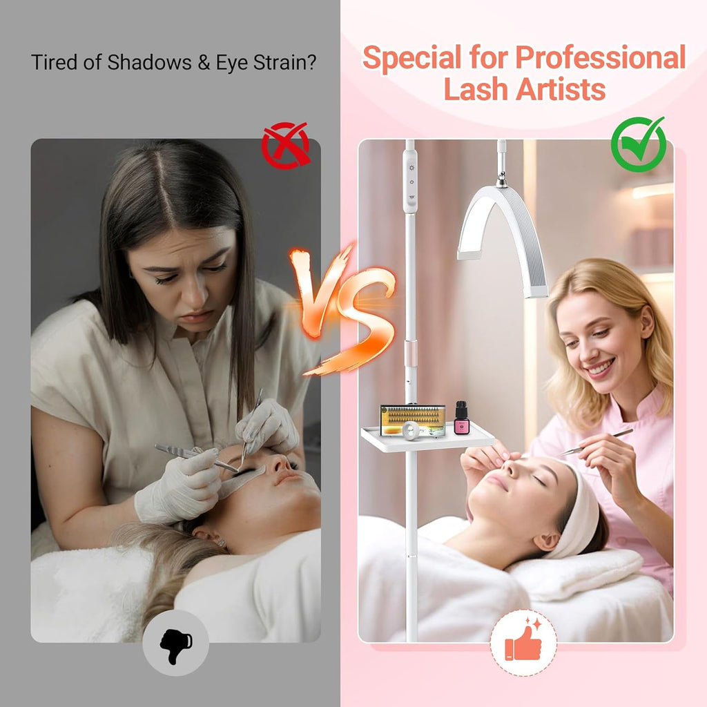 LIONVISON Half Moon Lash Light: 6500K LED Lamp Ring Light with Tray - 360° Flexible Gooseneck Durable Metal Stand - Salon Use for Lash Artists Eyelash Extensions (18In White)