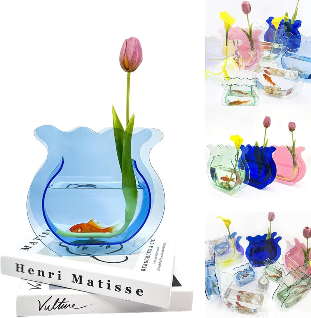 Mini Acrylic Fish Bowl Flower Vase for Small Fish or Plant, Lake Blue Decorative Acrylic Vase for Home Office, Modern Compact Bud Design Tabletop Décor (Lake Blue, Mini)